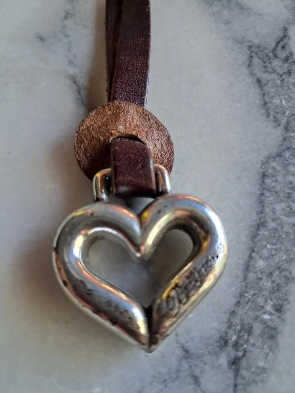 BRIGHTON Heart Bag Charm Keychain Open Heart Silver Plate Leather Strap